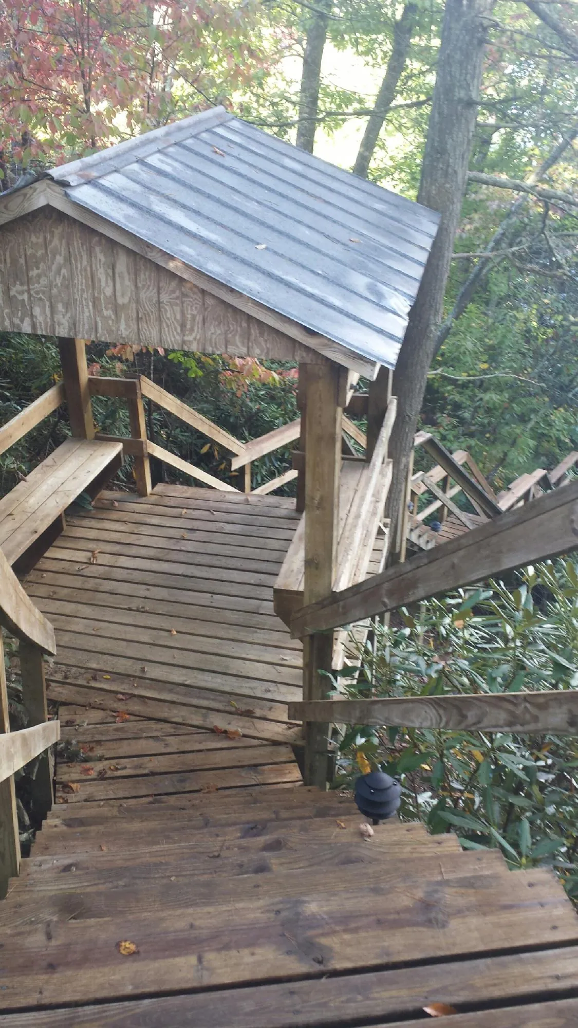 Metal roofed shelter over wooden steps on a wooded walkway — Skylight Repair & Installation work by our crew in Bishop Hill